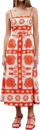 Moon River Sea Print Scallop Midi Dress In Red Multi