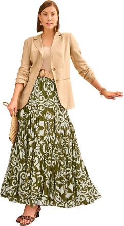 Jessica London Flowing Crinkled Maxi Skirt in Moss Green Damask at Nordstrom, Size 22