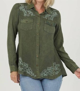 Nostalgia Embroidered Hi Lo Button Up Shirt In Olive