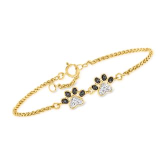 Ross-Simons White and Black Diamond Paw Print Anklet in 18kt Gold Over Sterling