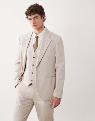 Asos Giacca da abito slim in twill di misto lino color pietra-Neutro