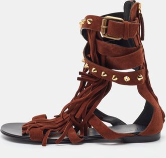 Giuseppe Zanotti Brown Suede Studded Fringe Gladiator Flat Sandals
