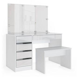 Vicco Tavolo da toeletta Sherry, Bianco, 120 cm con illuminazione a led e panca Vicco