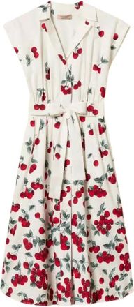 Twinset Poplin Midi Jurk met Kersenprint - Dames - Shirt Kleedjes - Veelkleurig - M - Katoen - Kleedjes