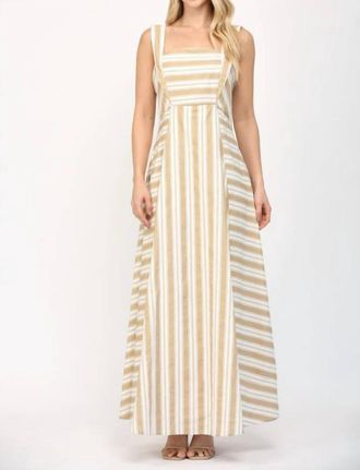 Fate Two Tone Stripe Long Strap Detailed Maxi Dress In White Taupe