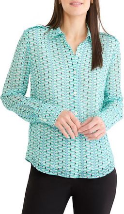 Nic+Zoe Geo Steps Relaxed FIt Chiffon Button-Up Shirt in Green Multi at Nordstrom, Size Xx-Large