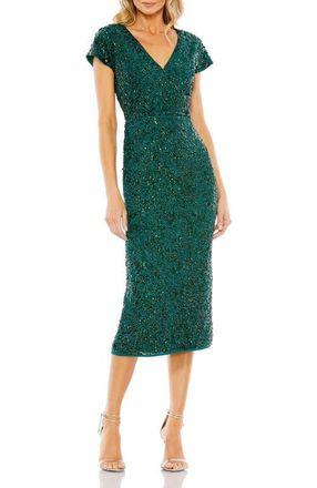 Mac Duggal Sequined Short Sleeve Wrap Over Cocktail Dress in Deep Emerald at Nordstrom, Size 6