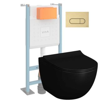 Vitra Pack De Inodoro Suspendido Vitra Sento Negro + Estructura Independiente V-fix Core + Placa Redonda Dorada Cepillada