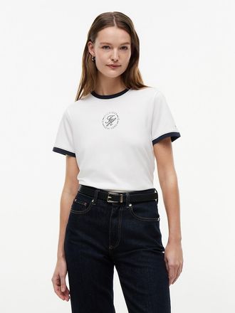 Tommy Hilfiger Womens Nautical Script Monogram Ringer T-Shirt - Ecru - XXS