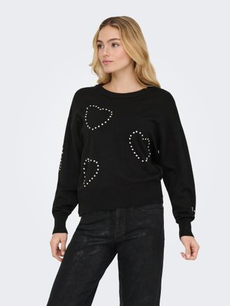 Only Rundhalspullover ONLY ONLBEE LS HEART BLING O-NECK CC KNT, Damen, Gr. XL, schwarz detail:silber bling, Strick, Obermaterial: 80% Viskose, 20% Polyeste