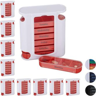 Relaxdays Set of 10 Relaxdays 7-Day Pill Towers, Weekly Medicine Boxes, 4 Compartments, Sliding Lids, Red/White