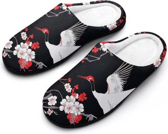 Generic Japanese Crane Bird Flowers Mens Soft Cotton Slippers with Memory Foam Anti-skid House Shoes for Travel Indoor Outdoor