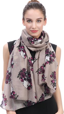 Lina & Lily Skulls and Roses Print Womens Large Scarf (Khaki)(Size: 180 X 90 cm)