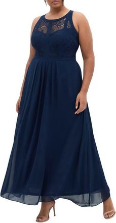 City Chic Lace Bodice Pleated Dress in French Navy at Nordstrom, Size Xxxs