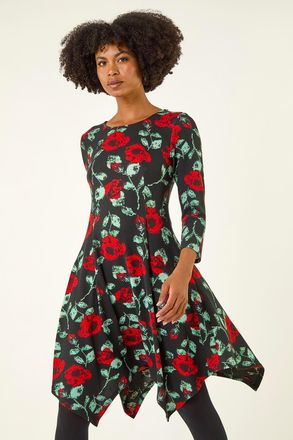 Roman Rose Print Hanky Hem Dress