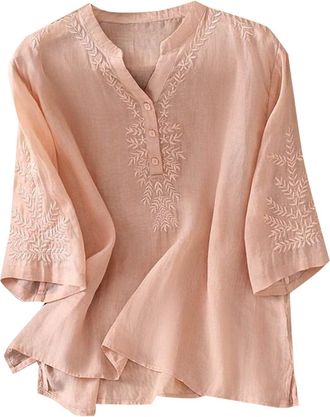 Generic Women Summer Tops Ladies Dressy Embroidery T-Shirt Casual Oversize Half Sleeve Blouse Classic Gauze Plain Tops Comfort Breathable Cotton Linen Tee Shi