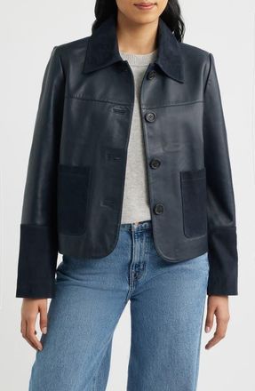 Bernardo Short Mixed Media Leather Jacket in Navy at Nordstrom, Size Xx-Large