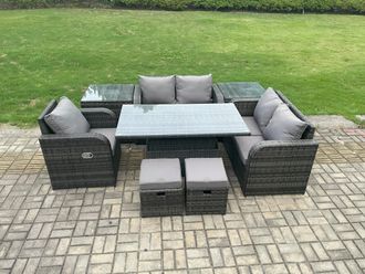 Fimous Wicker PE Rattan Furniture Garden Dining Set With Reclining Chair 2 Side Tables 2 Small Footstools in Dark Grey