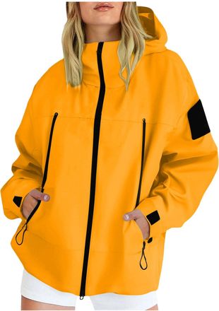 Generic Women Lightweight Waterproof Jackets Hooded Rain Coats with Zip Pockets Functional Softshell Outdoor Windbreaker Sports Jacket Loose Windproof Coat La