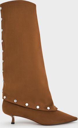 Charles & Keith Gael Faux Suede Studded Convertible Kitten-Heel Knee-High Boots