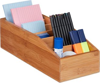 Relaxdays Relaxdays - 2 Cajas De Almacenaje De Bamb&uacute;, Seis Compartimentos, Organizadores De Escritorio, Ba&ntilde;o, Cocina, Marr&oacute;n, 10 X 14 X 35 Cm
