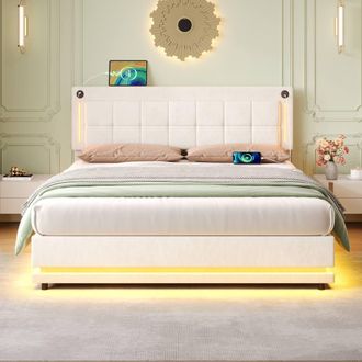 Merax Beige Velvet Ottoman Bed with LED & Charging Station | Size: King