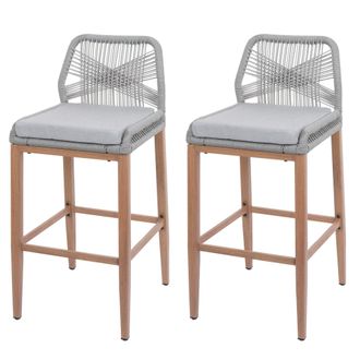 Hhg Hhg - Nunca Usado] Juego De 2 Taburetes De Bar De Cuerda 982, Asiento De Exterior De Cuerda De Metal Imitaci&oacute;n Madera, Gris Claro, Coj&iacute;n Gris Claro