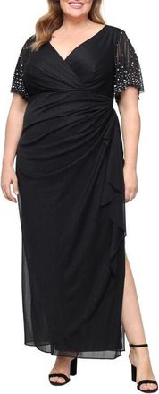 Alex Evenings Metallic Embellished Flutter Sleeve Cocktail Dress in Black at Nordstrom, Size 18W