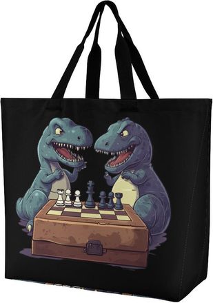 Generic Dinosaurs Playing Chess Large Reusable Shopping Bag Lightweight Foldable Tote Bags Washable Shoulder Handbag