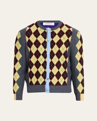 Zankov Mens Wool Argyle Color-Block Cardigan