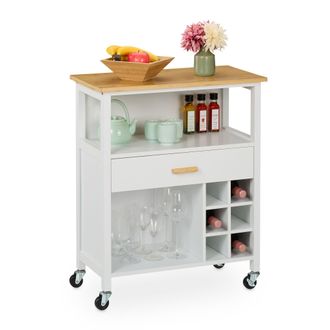 Relaxdays Carrito Auxiliar De Cocina, Botellero, Para 6 Botellas, Caj&oacute;n, 2 Espacios, 80x65x35 Cm, Bamb&uacute;, Blanco/natural - Relaxdays