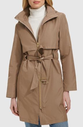 Cole Haan Belted Travel Packable Hooded Rain Jacket in Champagne at Nordstrom, Size X-Large