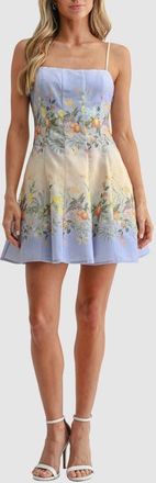 All in Favor Pleated Square Neck Fit & Flare Dress in Blue Print at Nordstrom, Size X-Large