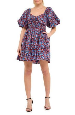 endless rose Floral Print Ruched Puff Sleeve Cotton Poplin Babydoll Dress in Blue/purple at Nordstrom Rack, Size X-Small