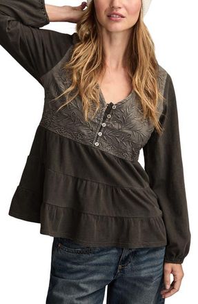 Lucky Brand Embroidered Yoke Cotton & Modal Jersey Top in Raven at Nordstrom, Size Xx-Large