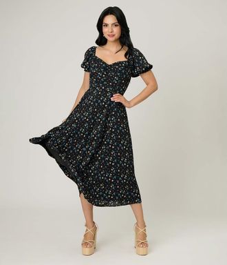 Unique Vintage Dot Puff Sleeve Midi Dress in Black & Blue Floral at Nordstrom, Size X-Small