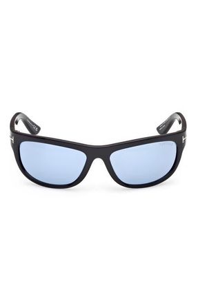Tom Ford Anders 62mm Oversize Rectangular Sunglasses in Shiny Black /Blue Lens at Nordstrom