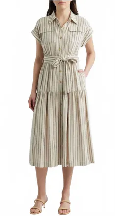 ZOE AND CLAIRE Belted Linen Midi Shirtdress In Stripe
