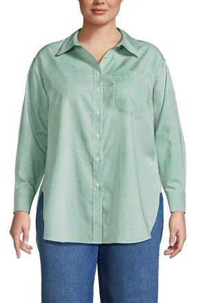 Lands End Plus Size Oversized No Iron Tunic with Statement Collar Shirt in Vibrant Clover Mini Stripe at Nordstrom, Size 1X