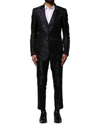 Dolce & Gabbana Mens Black Jacquard 3 Piece Single Breasted Suit Blue Silk