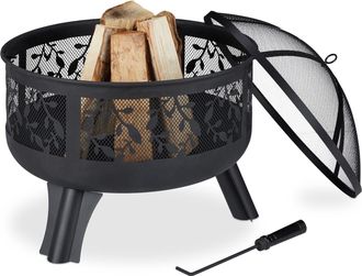 Relaxdays Relaxdays - Brasero Exterior Con Protector Antichispas, Cuenco Fuego Jard&iacute;n Y Terraza, Atizador, Circular, 60x60 Cm, Negro
