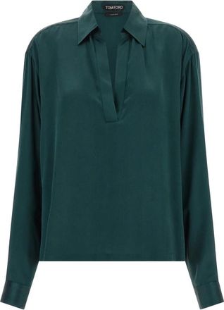Tom Ford Stretch Zijde Satijnen Polo - Dames - Blouses - Groen - 2XS - Satijn - Overhemden