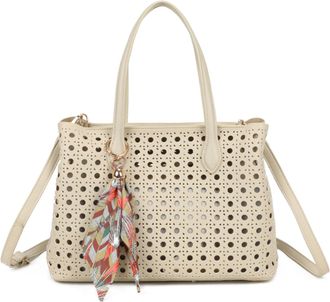 Generic Perforated Tote Bag, Laser Cut Design with Scarf Charm, Shoulder Handbag with Crossbody Strap (Beige)