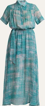 Kiton Check Silk Georgette Short-Sleeve Maxi Shirtdress