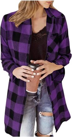 Generic Womens Oversized Shirts Casual Comfy Elegant Button Down Long Plaid Shirt Lapel Collar Long Sleeve Check Jacket Shacket Ladies Fashion Lightweight Plu