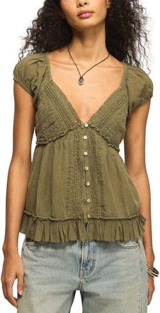 Lucky Brand Pleated Lace Trim Plunge Neck Babydoll Top in Dusty Olive at Nordstrom, Size X-Small