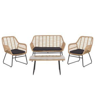 Beliani Beliani - Conjunto De Jard&iacute;n De Rat&aacute;n Sint&eacute;tico Color Natural Con Cojines Y Mesa De Caf&eacute; Minori