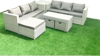 Fimous 9 Seater Garden Outdoor Rattan Furniture Set Rattan Garden Sofa Oblong Coffee Table with 3 Footstools Side Table Light Grey Mixed - Fimous