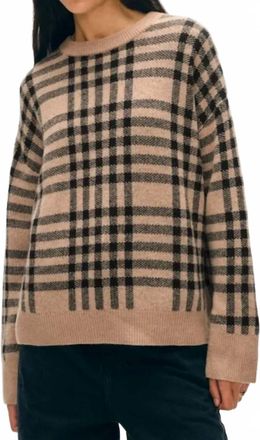 White + Warren Cashmere Plaid Crewneck Sweater In True Camel/black