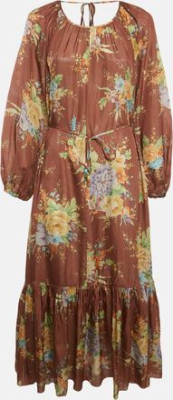 Zimmermann Brown Floral Print Silk Belted Zinnia Dress